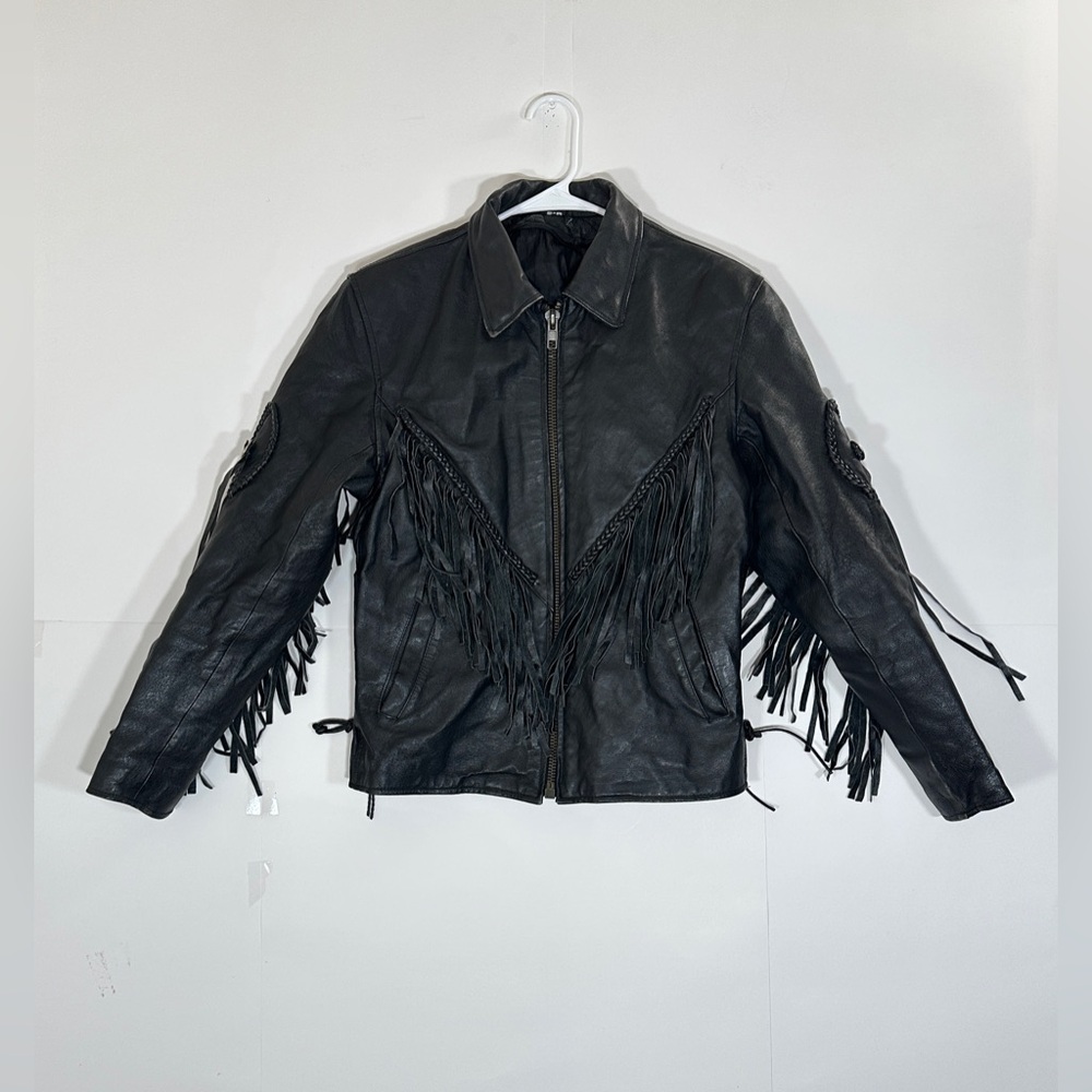 Fringed Black Leather Motorcycle Jacket Vintage Biker Women Medium 1990s Western - Picture 1 of 15